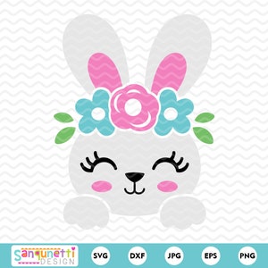 Bunny Face SVG, paashaas svg, konijntje met bloemen en wimpers, png jpg dxf svg, cricut en silhouet, instant download