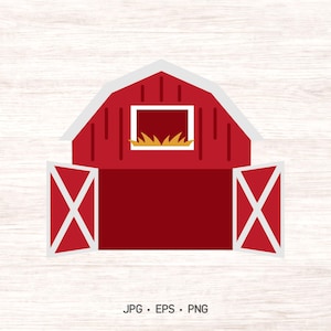 Imágenes prediseñadas de granero abierto, arte digital de granja para descarga instantánea