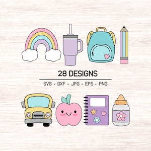 Adorable paquete de imágenes prediseñadas y SVG escolares en colores pastel: útiles escolares PNG