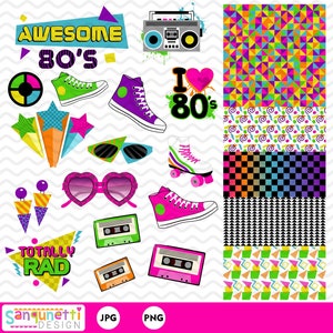 80s Clipart, eighties clip art, 80s Party, retro digital graphics instant download