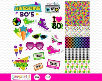 80s Clipart, eighties clip art, 80s Party, retro digital graphics instant download