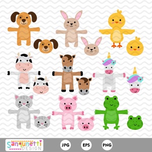May include: A set of 14 colorful cartoon animal illustrations, including a dog, bunny, chick, cow, horse, unicorn, cat, pig, and frog. Each animal is depicted in a simple, friendly style with large eyes and bright colors.