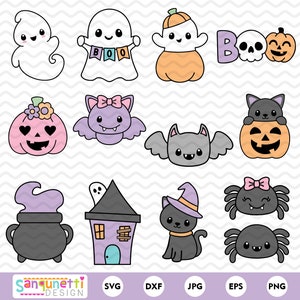 Conjunto SVG de Halloween pastel, paquete de imágenes prediseñadas lindo y espeluznante, gráficos gruesos de Halloween