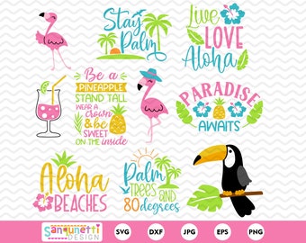 Tropisk och sommar SVG och PNG-paket, digital flamingokonst, omedelbar nedladdning