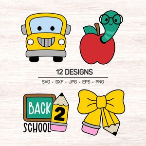 Pacote fofo de SVG e clipart para a volta às aulas, com ilustrações escolares em estilo robusto.