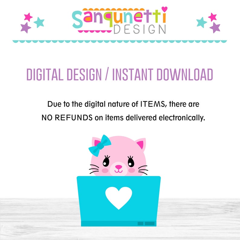 Puede incluir: Un gato rosa de dibujos animados con un lazo azul se sienta frente a una computadora port&aacute;til azul con un coraz&oacute;n blanco en la pantalla. El texto "DIGITAL DESIGN / INSTANT DOWNLOAD" est&aacute; en la parte superior de la imagen. El texto "Due to the digital nature of ITEMS, there are NO REFUNDS on items delivered electronically." est&aacute; debajo del gato.
