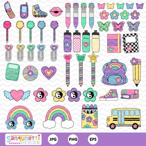 Lot de cliparts pour la classe de l'an 2000/des années 90 | Fournitures scolaires pour la rentrée PNG