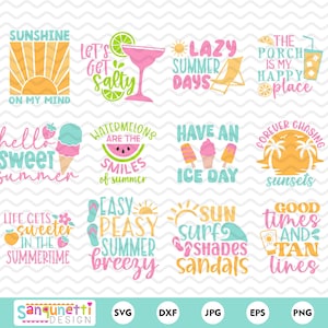 Puede incluir: Un conjunto de 10 archivos de corte SVG con temática de verano con frases como "Sunshine on my mind", "Lazy Summer Days", "Watermelons are the smiles of summer" y "Good times and tan lines".