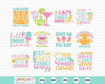 May include: A set of 10 summer-themed SVG cut files featuring phrases like "Sunshine on my mind", "Lazy Summer Days", "Watermelons are the smiles of summer", and "Good times and tan lines".