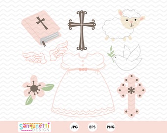Girls Baptism Clipart, Christian digital art instant download