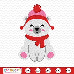 シロクマの女の子 SVG 冬のクマのカット ファイル、クリスマス SVG、クリップアートの即時ダウンロード、クリカットとシルエット、PNG DXF JPG EPS