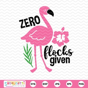Puede incluir: Flamenco rosa con contorno negro y una flor de hibisco. El texto "zero flocks given" está escrito en negro debajo del flamenco.