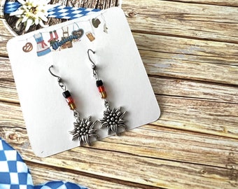 Edelweiss Dangle Earrings, Oktoberfest Dangle Earrings, Edelweiss Earrings with Black, Red and Yellow Swarovski Beads