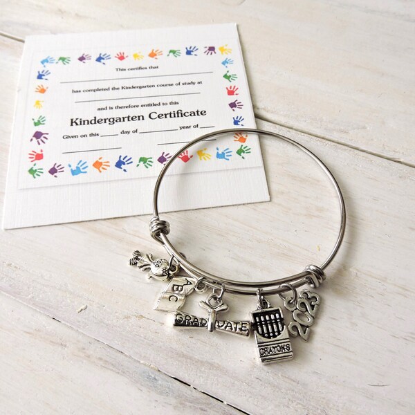 Young Girls Graduation Bangle Charm Bracelet, Graduation Gift, Bangle Bracelet Gift,Kindergarten,Pre K, Back to School, Now with 2024 Charm