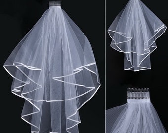 Two Layer Bridal Veil , 28" , Satin Edge, White Wedding Veil, Wedding Veil with Hair Comb
