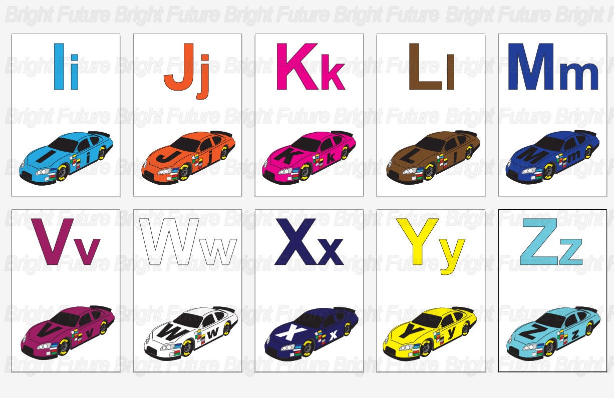 ABC Race Car Flashcards Download. Colorful Race Cars With the Letters