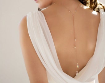 Layer necklace with backdrop chains, Bridal backdrop rose gold, Sterling silver, with Swarovski crystals, pearls, in your colour choice