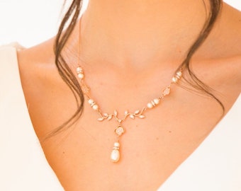 Bridal pearl leaf vine crystal, sweetheart necklace with backdrop chain and pearl drop earrings cream,  tear drop bridal,  blush  low back,