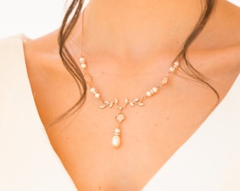 Bridal pearl leaf vine crystal, sweetheart necklace with backdrop chain and pearl drop earrings cream,  tear drop bridal,  blush  low back,