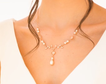 Leaf vine bridal necklace, in rose gold or silver, with optional backdrop chain, and full set with earrings,