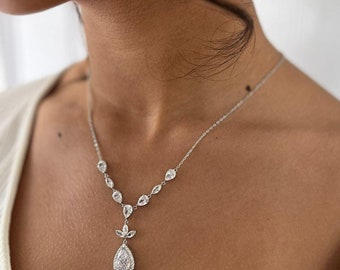 Bridal Crystal Necklace: Sterling Silver Leaf Vine, Wedding prom, Christmas Jewelry