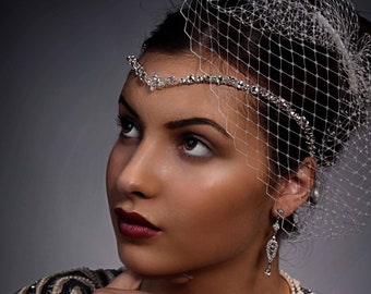Crystal Swarovski Elements forehead band - v shape bridal tiara,  with front teardrop navette, unique handmade design
