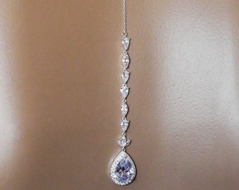 Crystal Backdrop Necklace: Leaf & Teardrop Cubic Zirconia, Bridal Jewelry Set