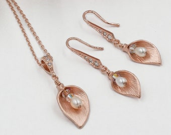 Calla lily pendant necklace and earrings,  rose gold, gold or silver, swarovski crystal, freshwater pearl drop,