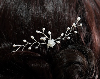 Echte Perlen Haarnadel, Braut, Perlmuttblüte, Vine Spray, Süßwasserperlen, Kristallperlen, veredelt in Silber oder Roségold