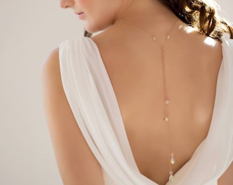 Double pearl , crystal backdrop Necklace, lariat chain, self tie, or one piece, backless dress necklace