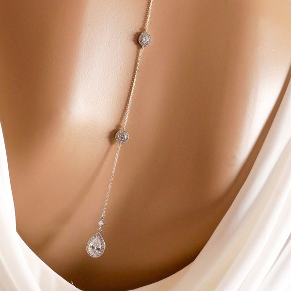 Crystal backdrop necklace chain, silver or rose gold,  pear drop earrings, silver or rose gold chain, with optional bracelet
