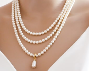 Triple strand pearl necklace, with Swarovski pearls, vintage style layered, silver, gold or rose gold, Made to your measure and your colours