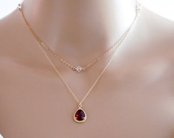 Ruby red crystal double layered necklace with drop earrings, Gold framed, diamond ear hooks, bridal jewelry, Prom earrings