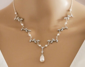 Sterling silver, Leaf vine necklace, pearl or crystal drop , backdrop chain,  earrings with Swarovski pearls, bridal necklace,