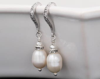 Real Pearl drop earrings, bridal earrings with silver, gold, rose gold crystal set ear hooks, Ivory pearls, mother  bride, Prom