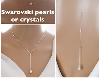 pearl or crystal necklace choker or lariat with detachable backdrop chain. Backdrop chain, Bridal, prom, rose gold, gold or Silver