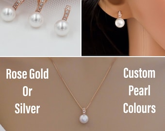 Pearl set, pendant and earrings, Swarovski pearls, Custom colours, petite earrings, pendant set, finished in rose gold or silver