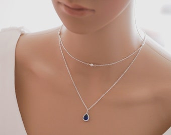 double necklace with backdrop, crystal necklace, swarovski pearls, silver with sapphire or clear and with optional bracelet and earrings