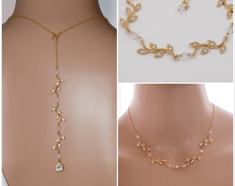 Gold, silver, Leaf vine necklace, backdrop, earrings with Swarovski pearls, bridal necklace,