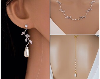 Leaf vine necklace, backdrop, earrings with Swarovski pearls, bridal necklace, rose gold, gold or silver