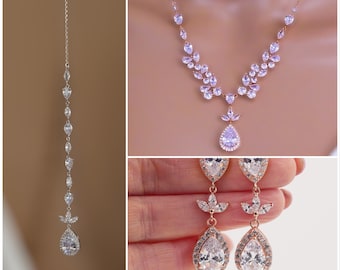 Backdrop necklace, Sweetheart leaf shaped crystal finished in Silver or rose gold,  cubic zirconia, bridal jewellery set