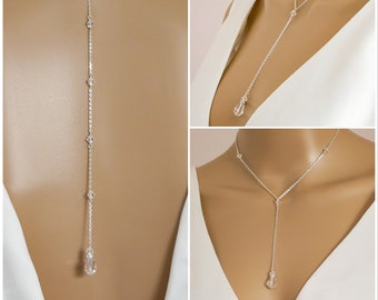 Lariat y backdrop necklace, pearl or crystal necklace choker, Bridal, prom, rose gold, gold or Silver