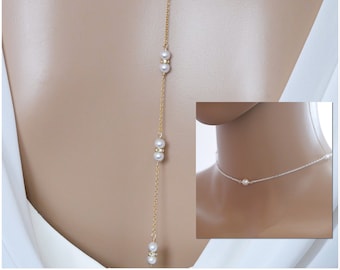 Pearl backdrop necklace chain, backless dress jewellery, with Choker necklace