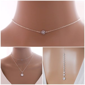 Voll Sterling Silber funkelnde Kulisse Kette Choker Halskette ideal Brautschmuck, rückenloses Kleid, veredelt in Silber oder Roségold Bild 1