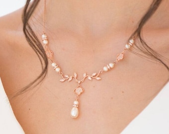 Zilveren of roségouden Blad wijnstok ketting set, achtergrond ketting, Swarovski parel, blush, kristal, bruidsmode, blush crème, lage rug, bruiden,