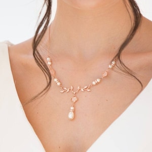 Leaf vine bridal necklace, Silver or rose gold, backdrop necklace, Swarovski pearl, blush, crystal, bridal, blush cream, low back, brides, image 1