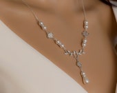Leaf vine pearl Bridal necklace set, backdrop, With pave crystal inlaid cubic zirconia four leaf clover