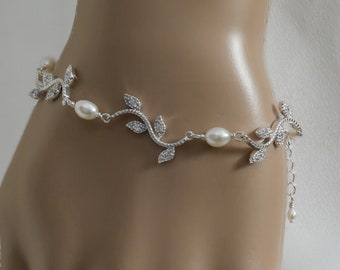 Leaf vine bracelet, bridal jewellery with real freshwater pearls, full sterling silver, rose gold or yellow gold