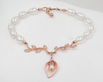 Real pearl bracelet, Leaf vine and Calla lily charm Bracelet, with freshwater pearls, wedding bracelet jewellery,