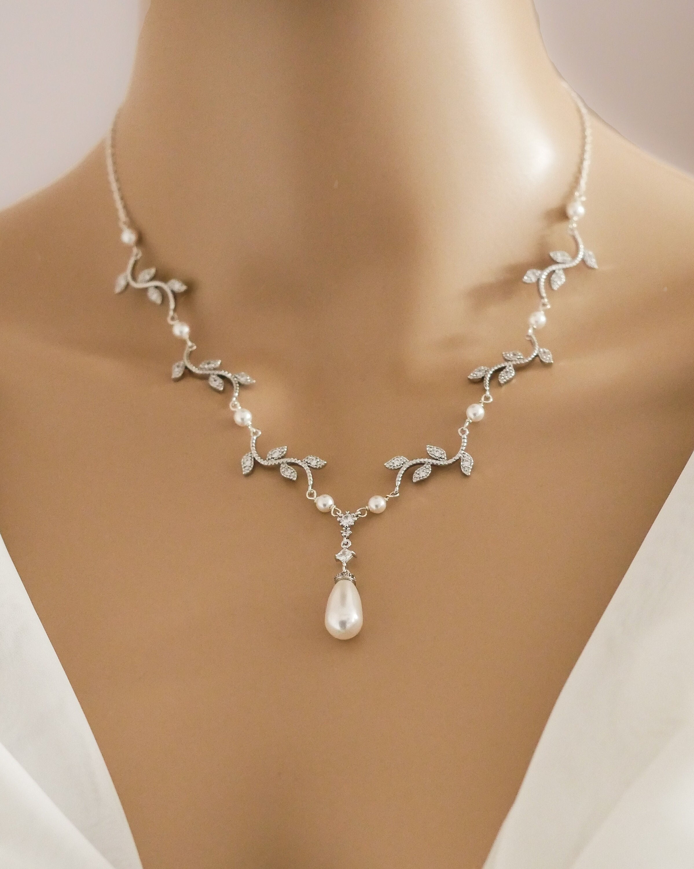 Sterling silver, Leaf vine necklace, pearl or crystal drop , backdrop